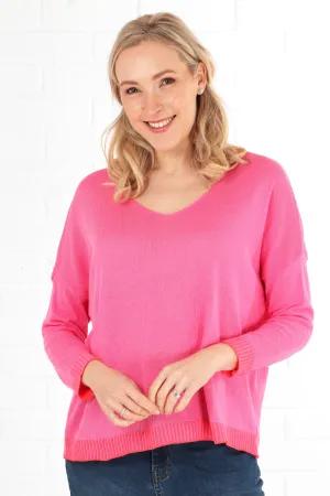 V-Neck Cotton Jumper Contrast Stitch Edge in Fuchsia Coral