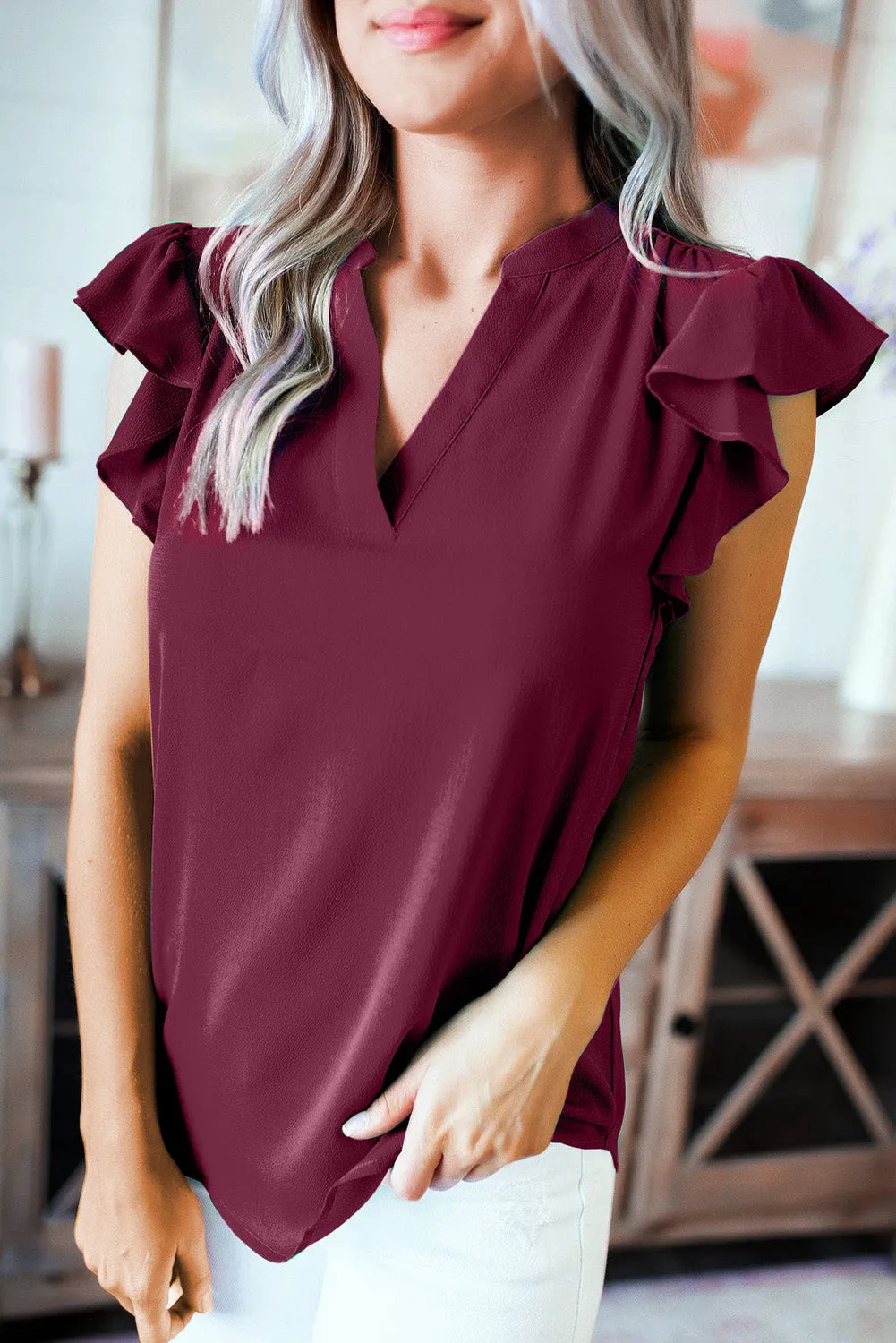 V Neck Frill Cap Sleeve Top