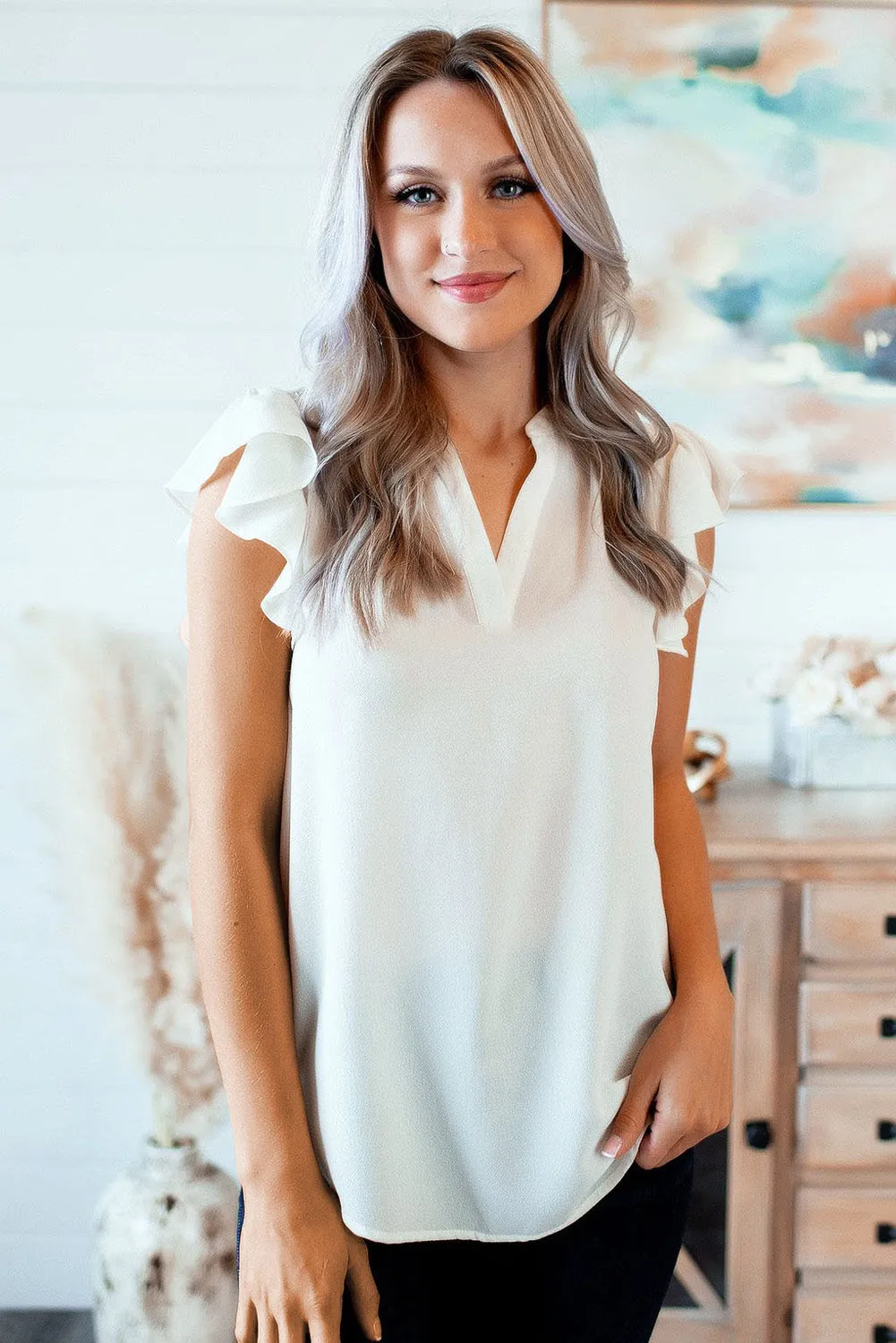 V Neck Frill Cap Sleeve Top