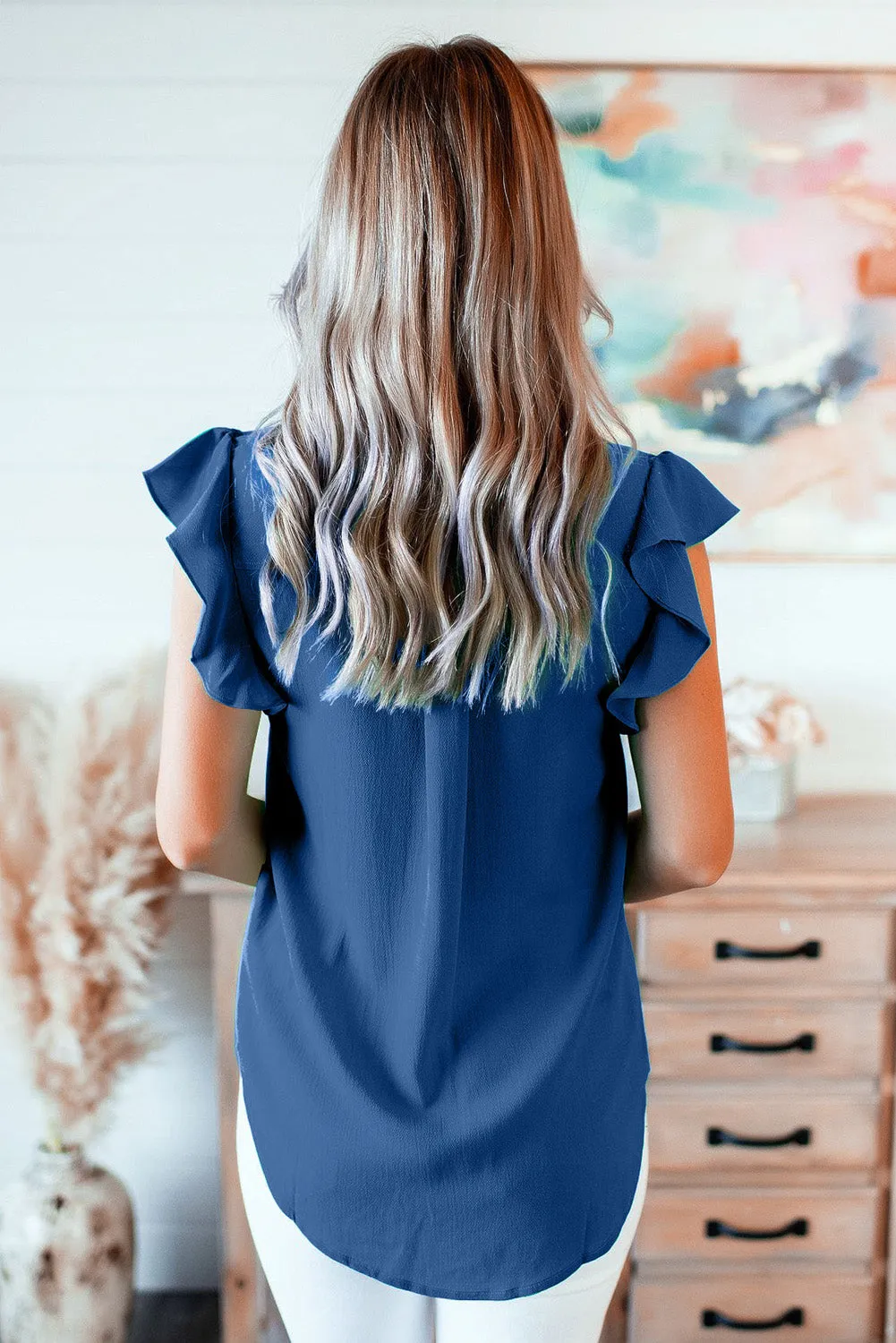 V Neck Frill Cap Sleeve Top