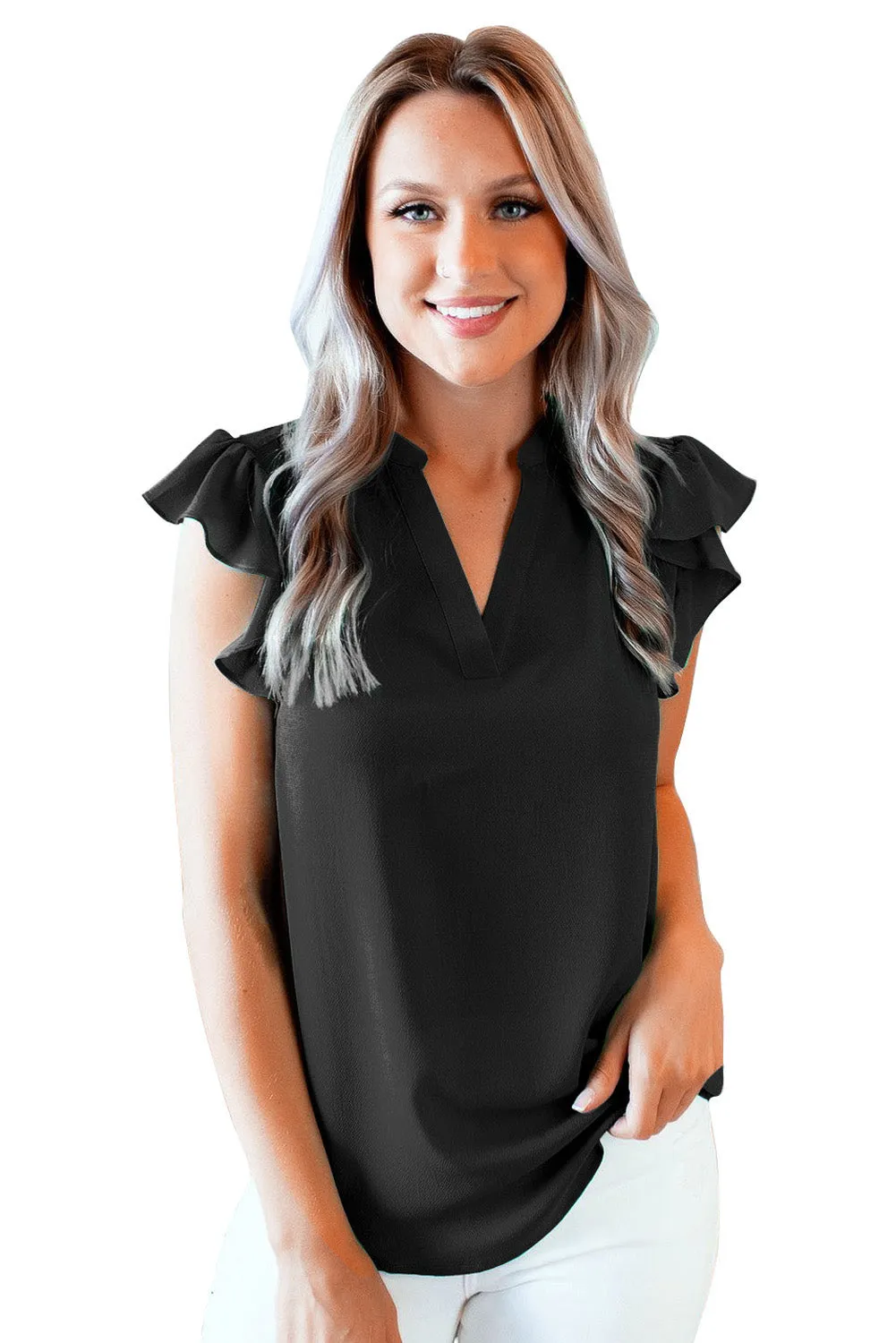 V Neck Frill Cap Sleeve Top