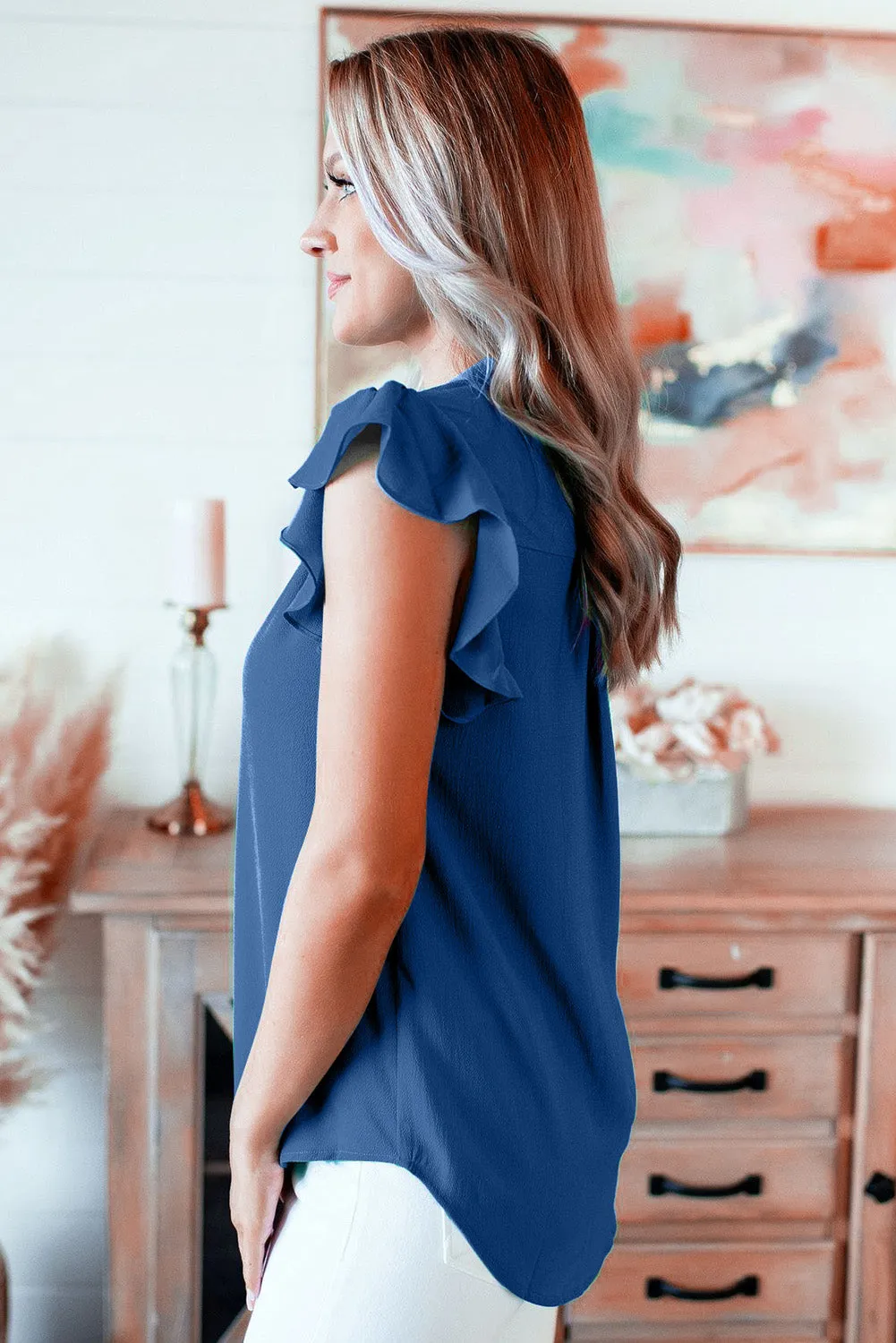 V Neck Frill Cap Sleeve Top