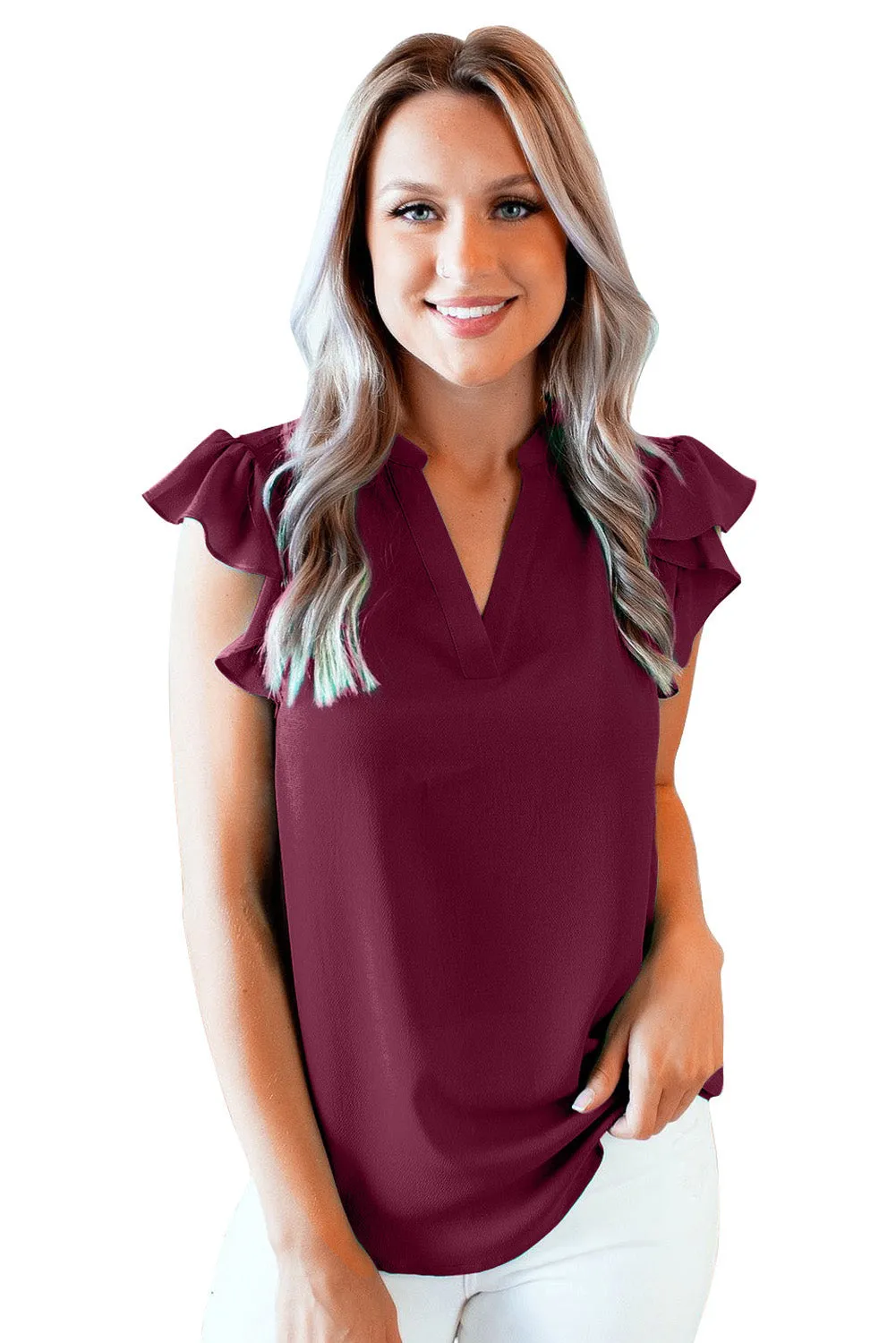 V Neck Frill Cap Sleeve Top