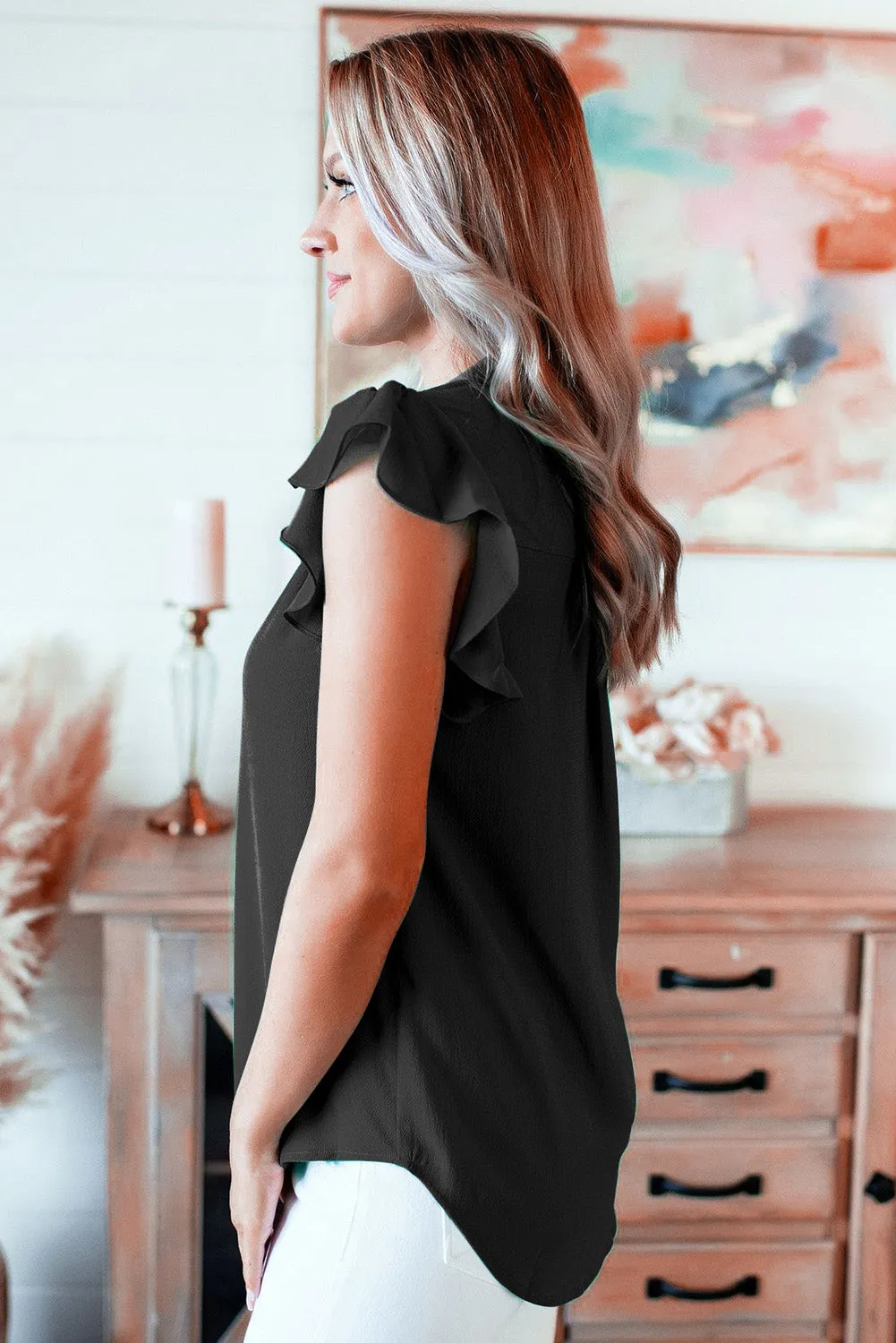 V Neck Frill Cap Sleeve Top