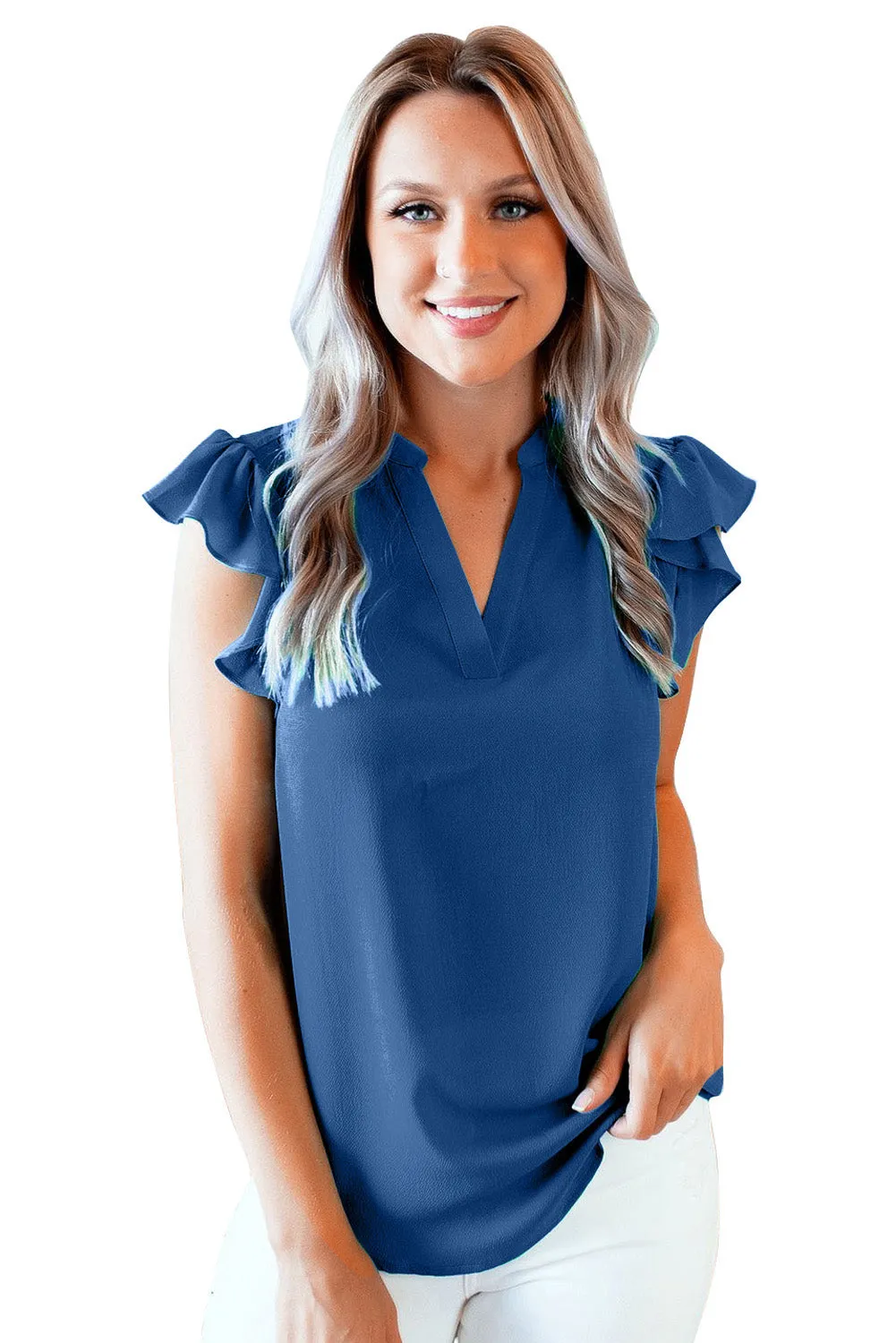 V Neck Frill Cap Sleeve Top