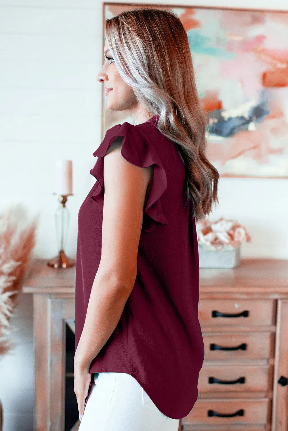 V Neck Frill Cap Sleeve Top