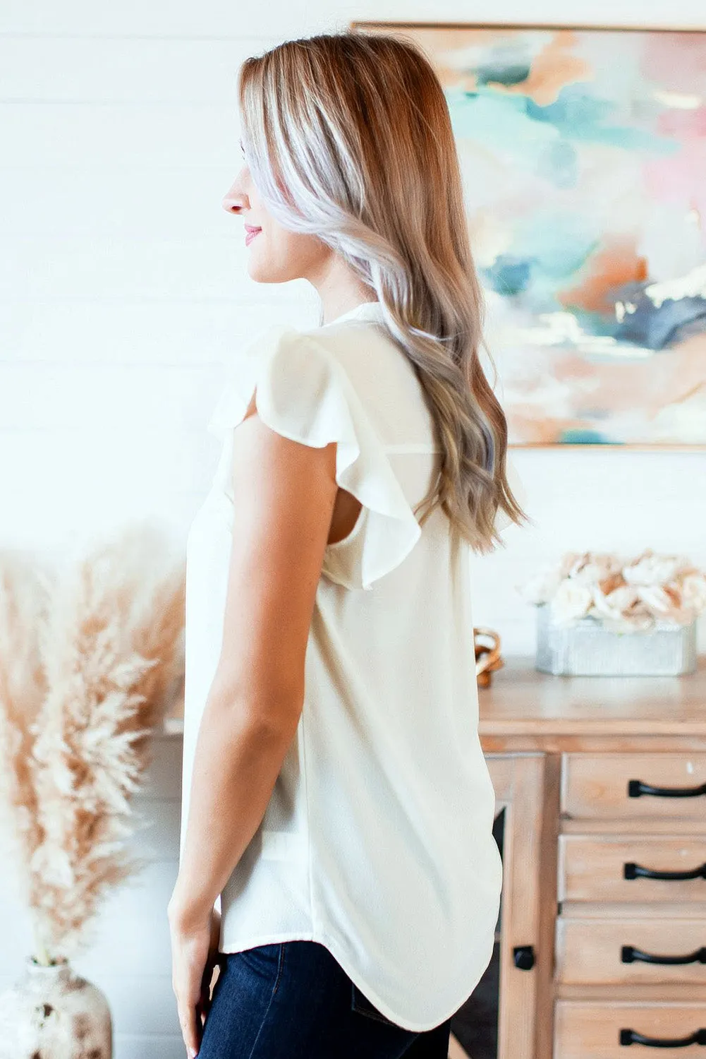 V Neck Frill Cap Sleeve Top