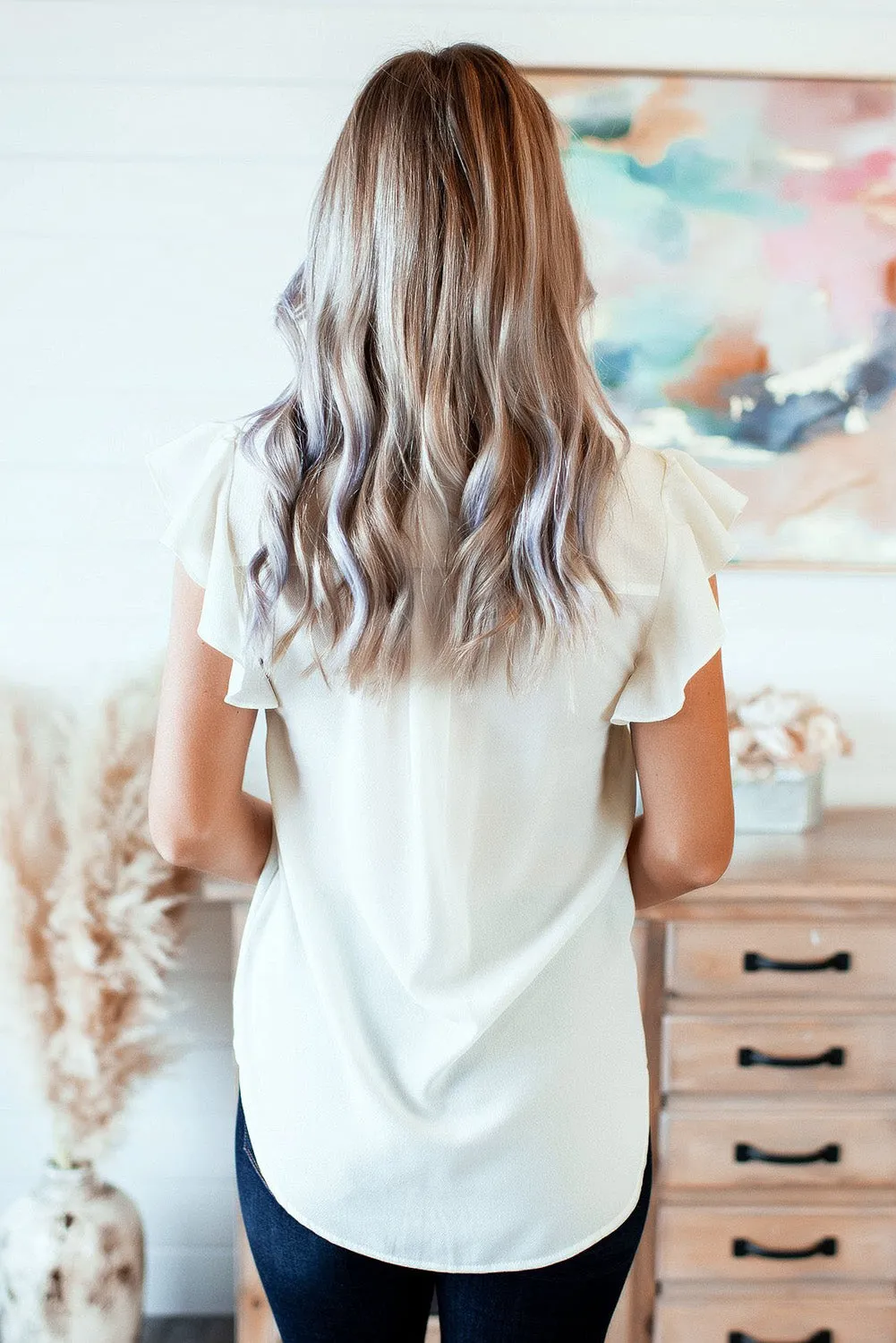 V Neck Frill Cap Sleeve Top