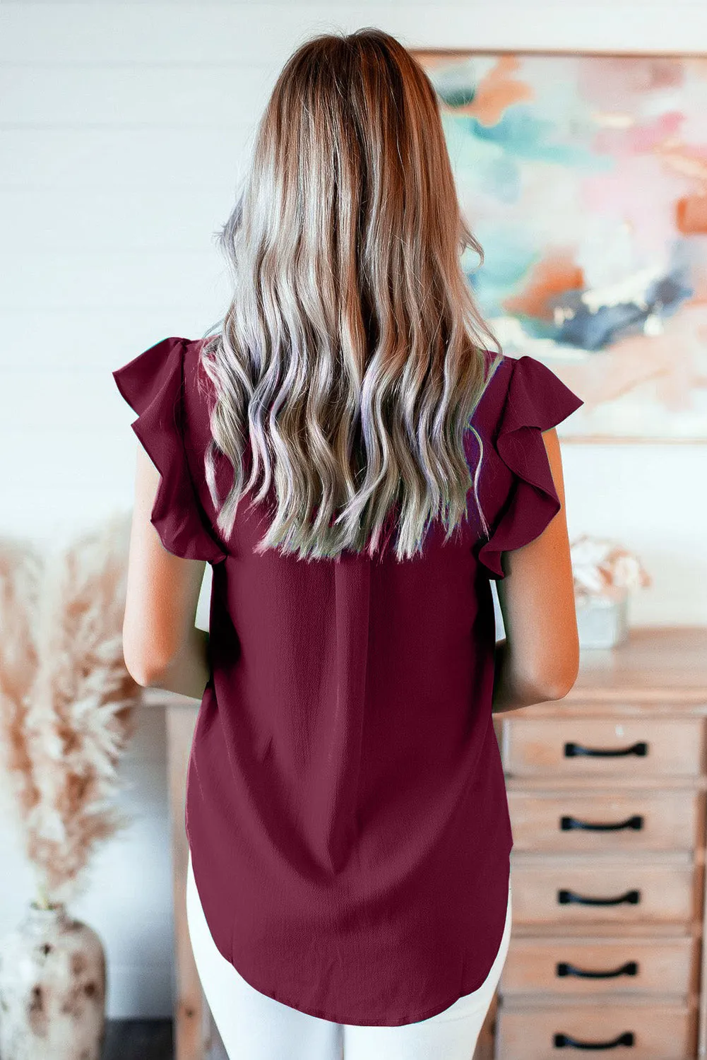 V Neck Frill Cap Sleeve Top