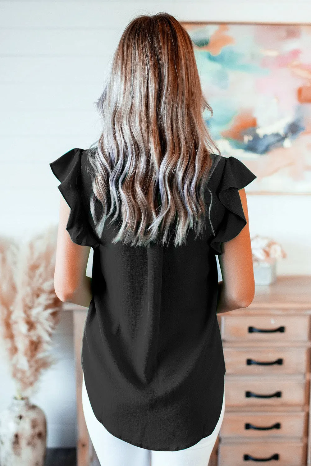 V Neck Frill Cap Sleeve Top