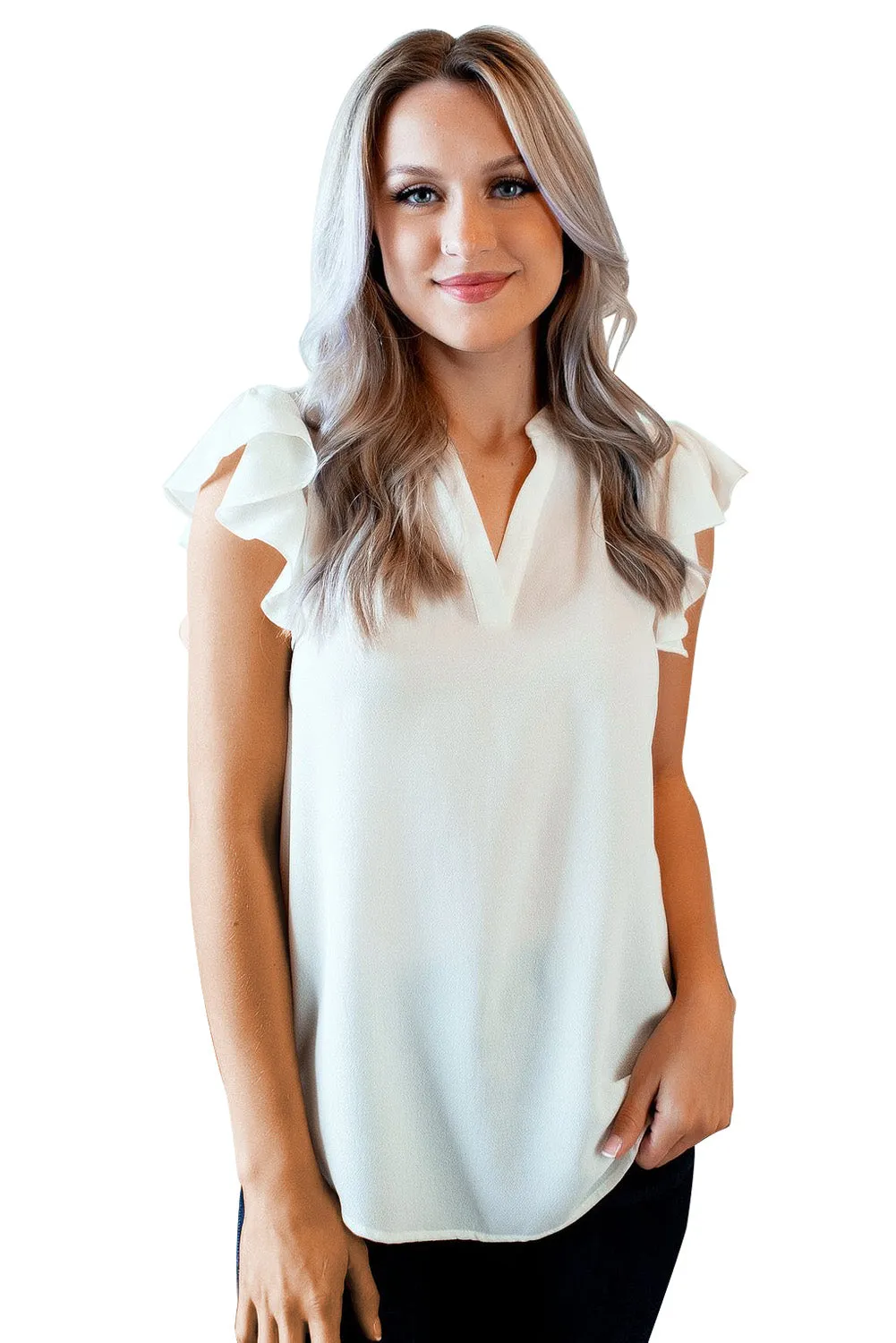 V Neck Frill Cap Sleeve Top