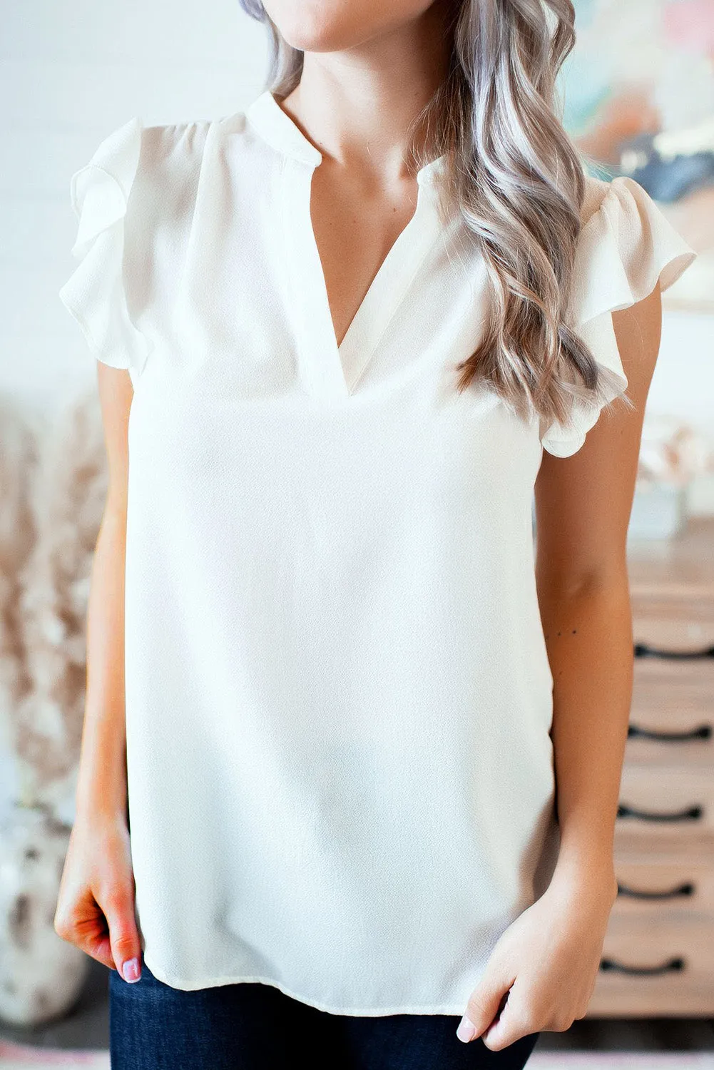 V Neck Frill Cap Sleeve Top