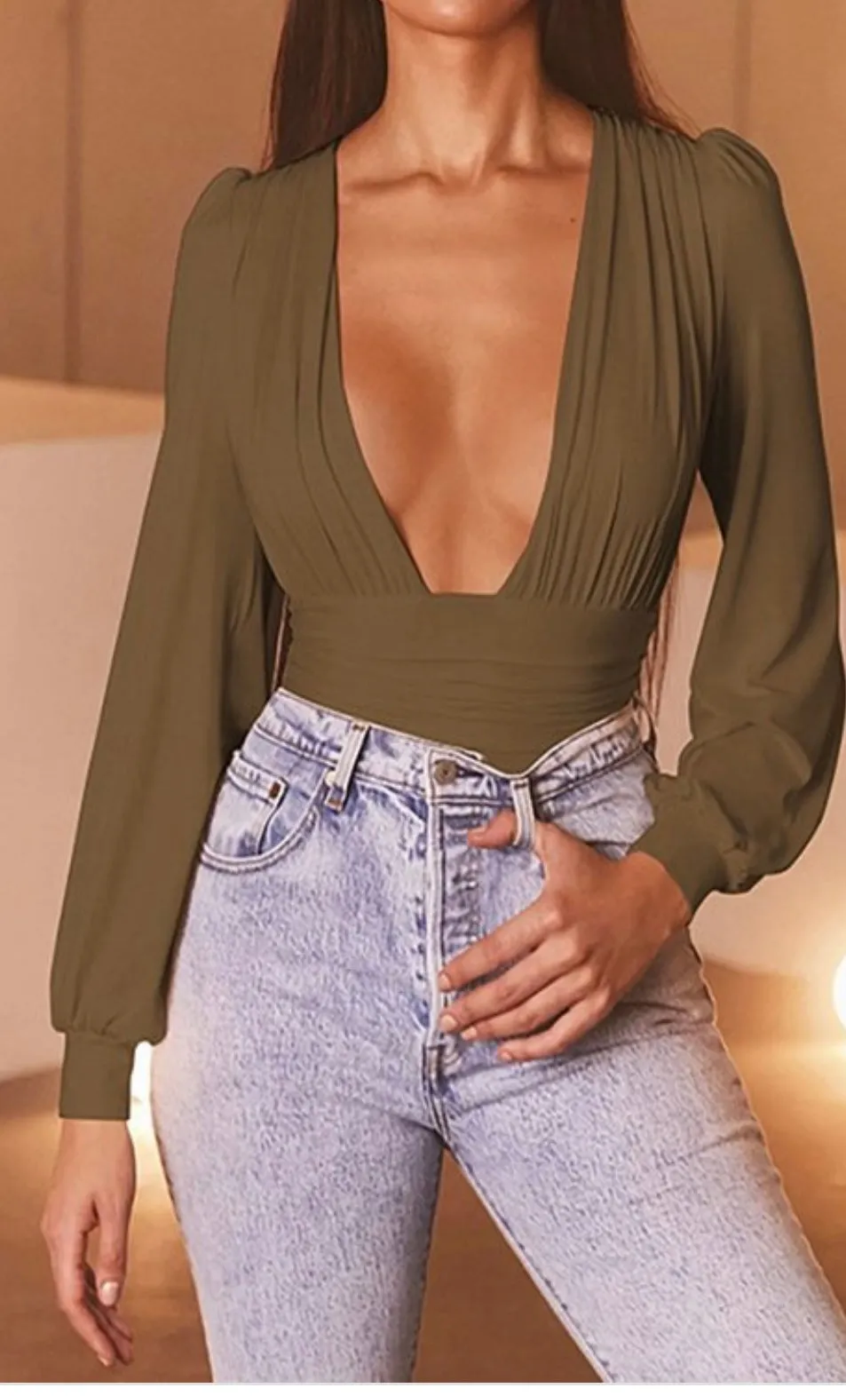 V-Neck Long Sleeve Bodysuit Top