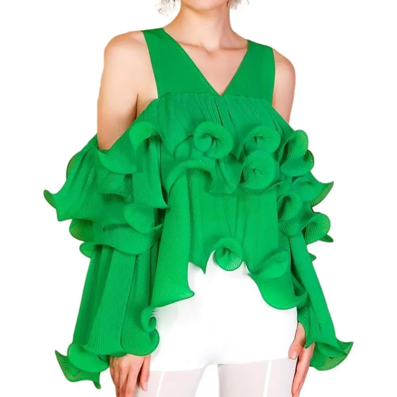 V Neck Long Sleeve Off Shoulder Patchwork Ruffle Short Top
