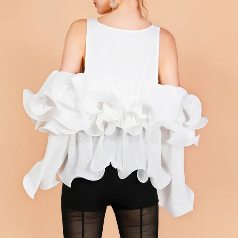 V Neck Long Sleeve Off Shoulder Patchwork Ruffle Short Top