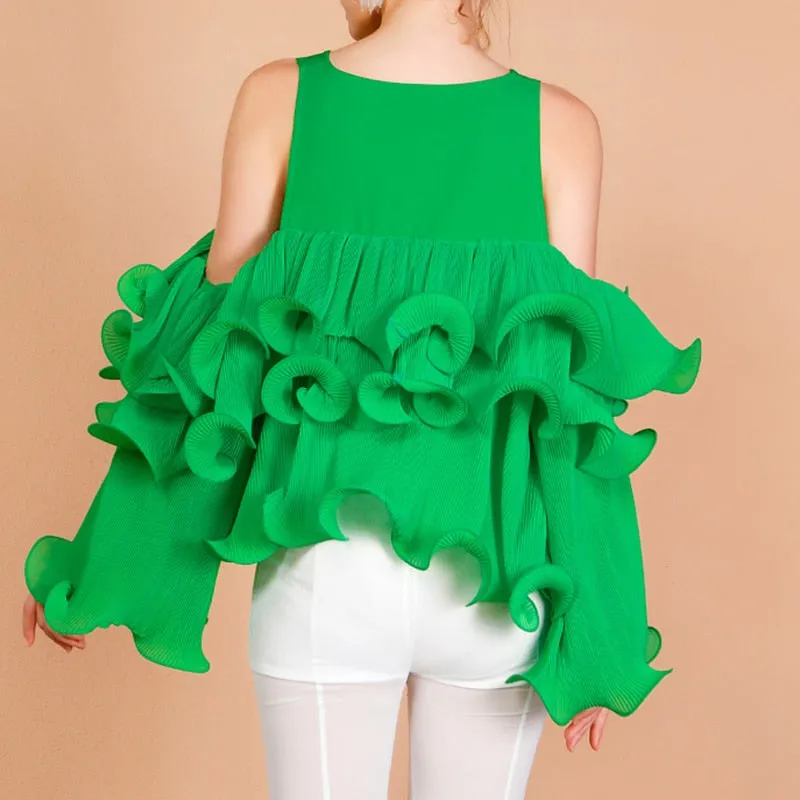 V Neck Long Sleeve Off Shoulder Patchwork Ruffle Short Top