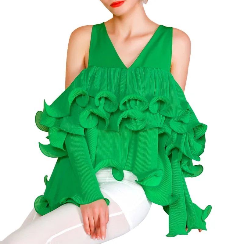 V Neck Long Sleeve Off Shoulder Patchwork Ruffle Short Top