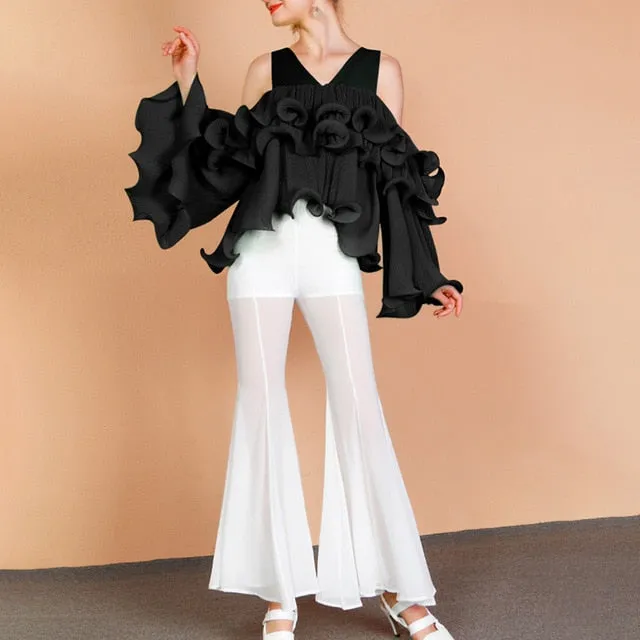 V Neck Long Sleeve Off Shoulder Patchwork Ruffle Short Top