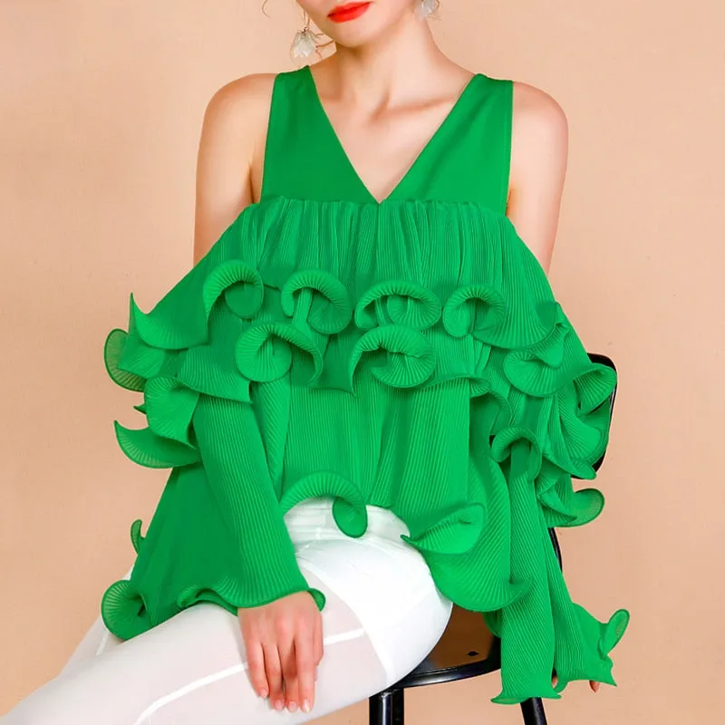 V Neck Long Sleeve Off Shoulder Patchwork Ruffle Short Top