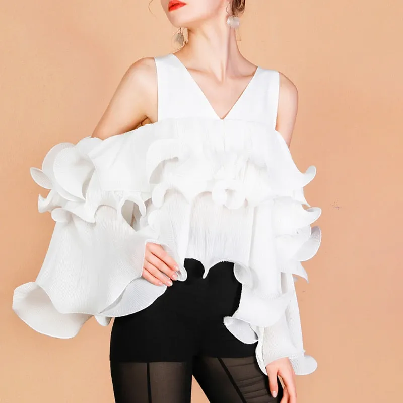 V Neck Long Sleeve Off Shoulder Patchwork Ruffle Short Top