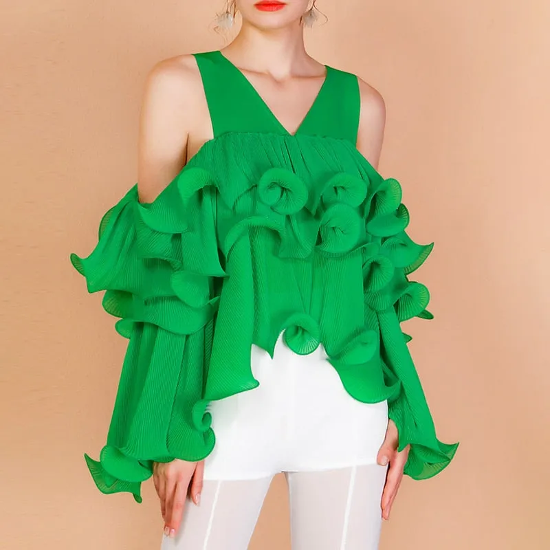 V Neck Long Sleeve Off Shoulder Patchwork Ruffle Short Top