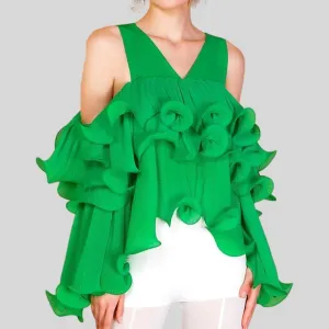 V Neck Long Sleeve Off Shoulder Patchwork Ruffle Short Top
