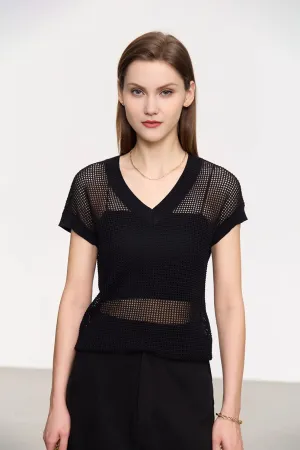 V Neck Short Sleeve Crochet Top
