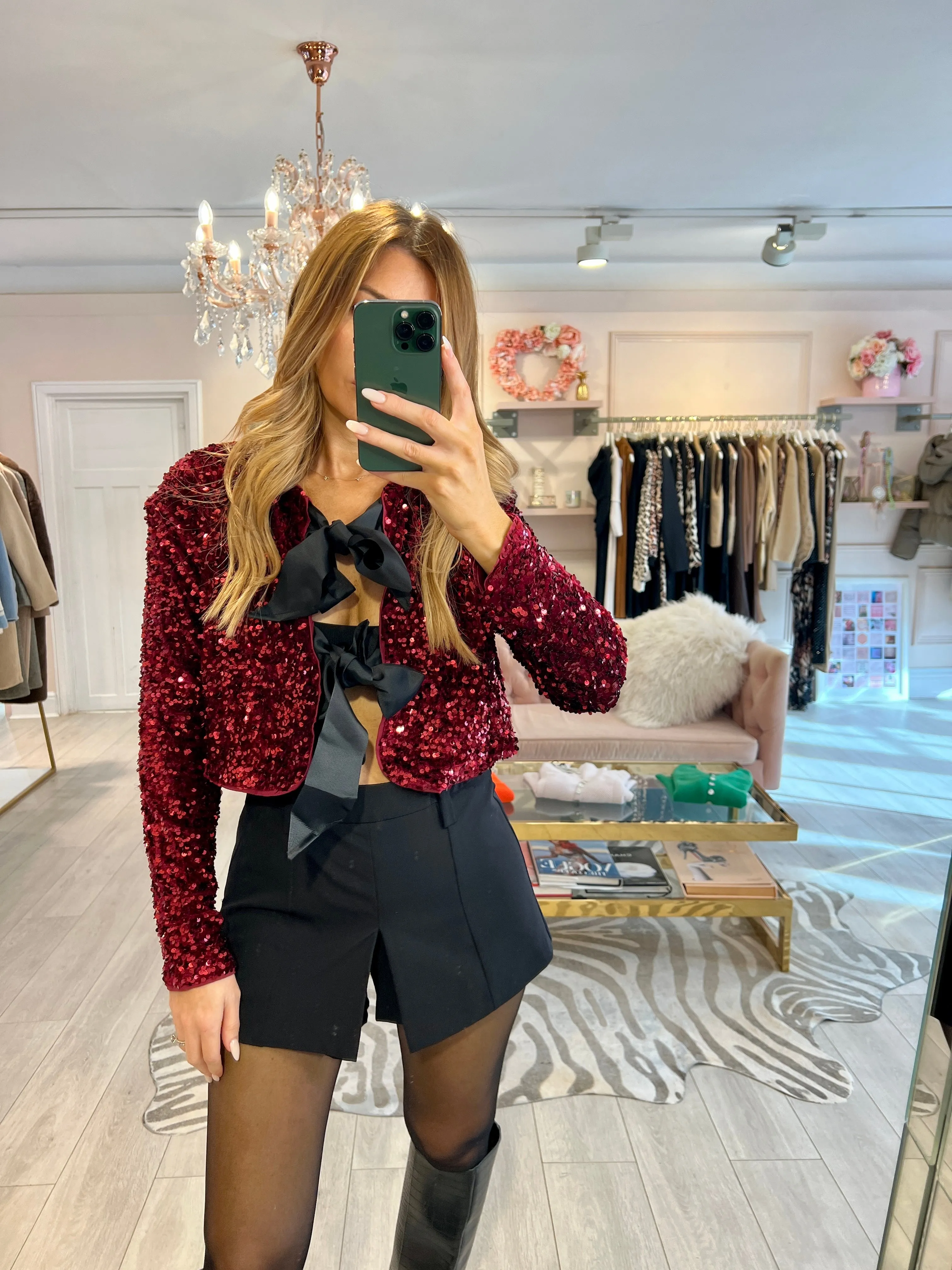 VALENTINA BOW SEQUIN TOP WINE
