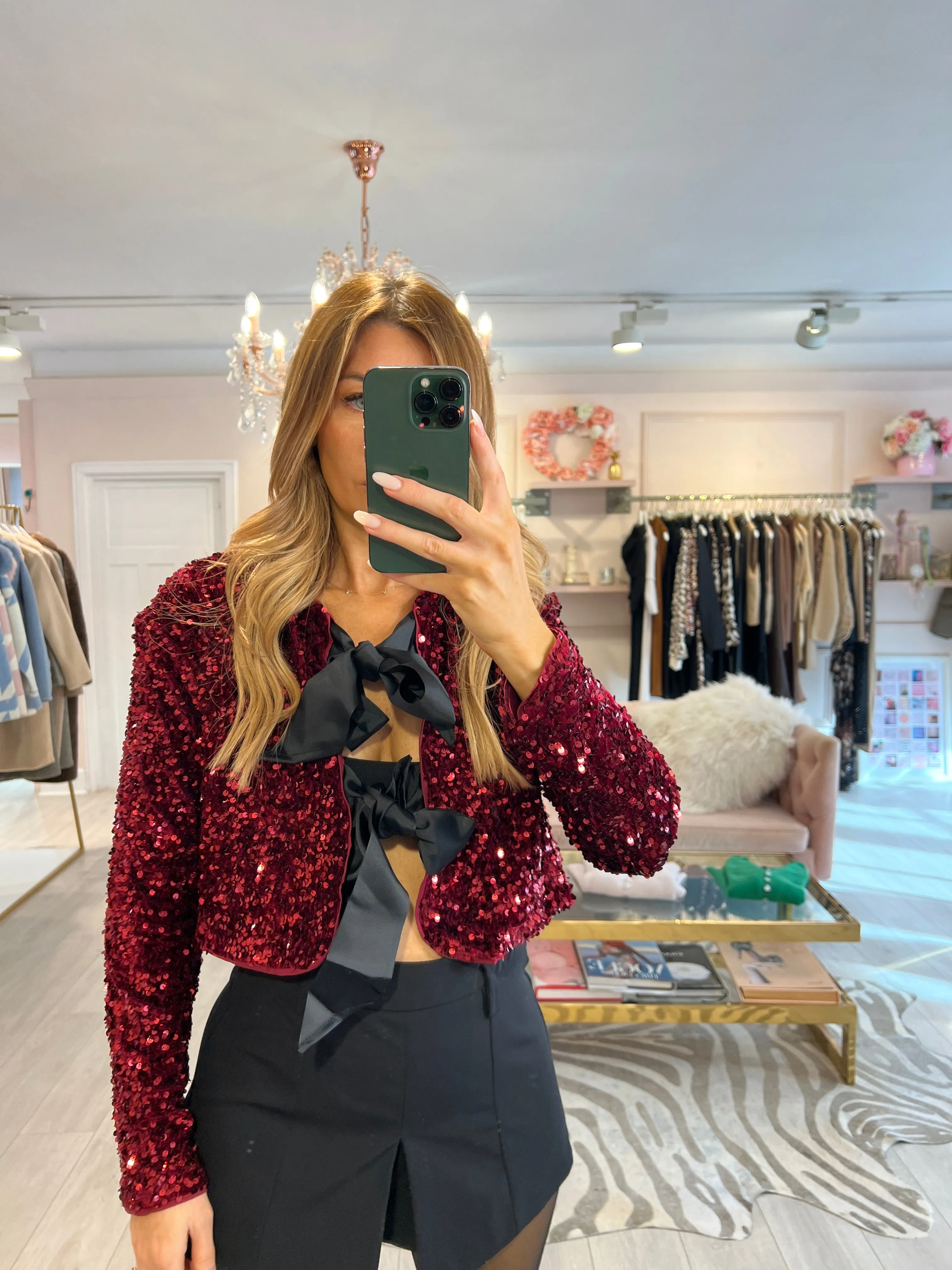 VALENTINA BOW SEQUIN TOP WINE