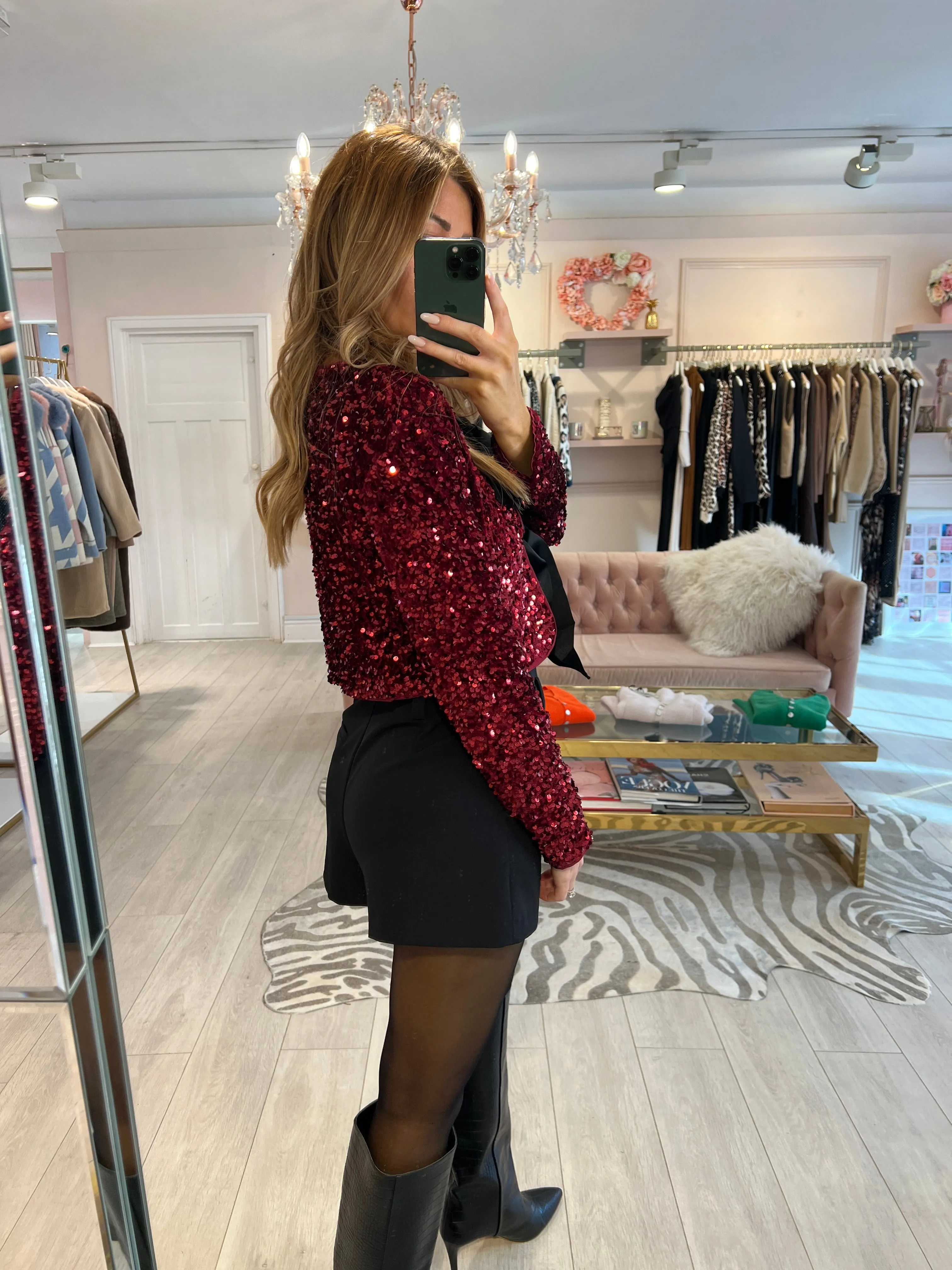 VALENTINA BOW SEQUIN TOP WINE