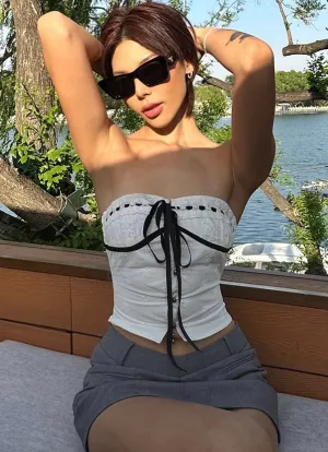 Vanessa Sweet Crochet Black Drawstring White Bandeau Top