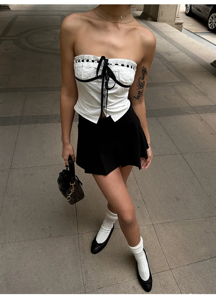 Vanessa Sweet Crochet Black Drawstring White Bandeau Top
