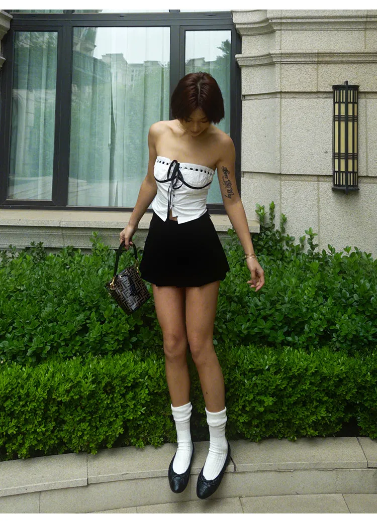 Vanessa Sweet Crochet Black Drawstring White Bandeau Top