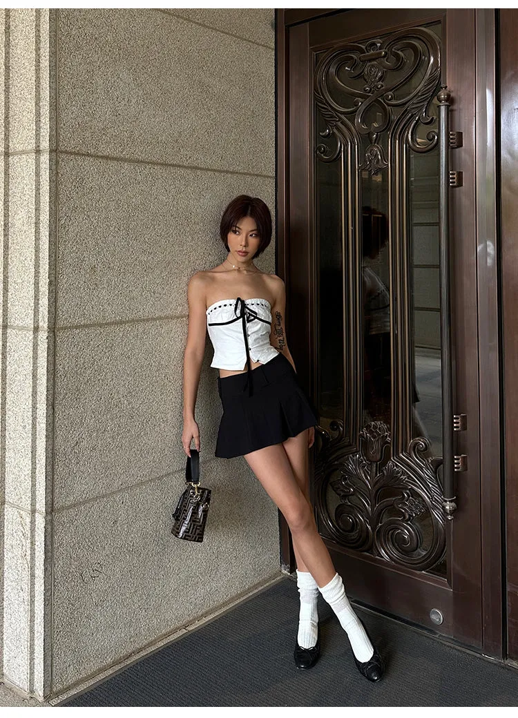 Vanessa Sweet Crochet Black Drawstring White Bandeau Top