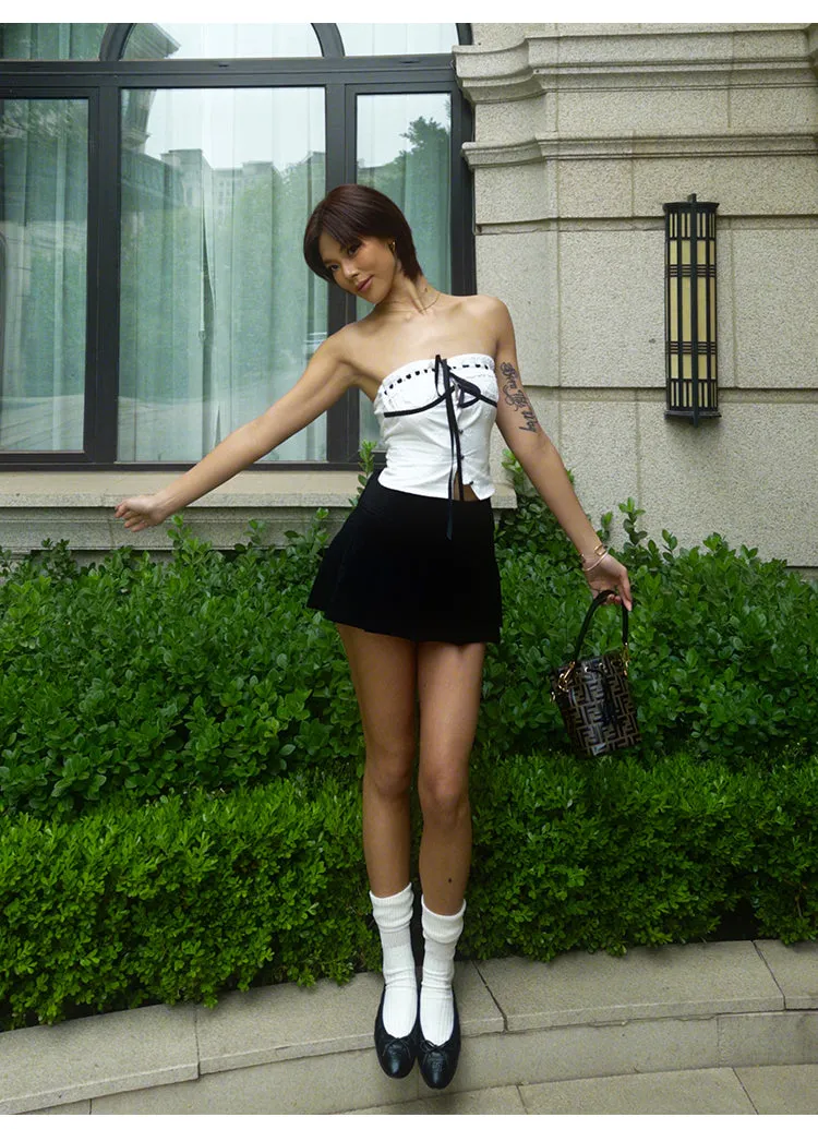 Vanessa Sweet Crochet Black Drawstring White Bandeau Top