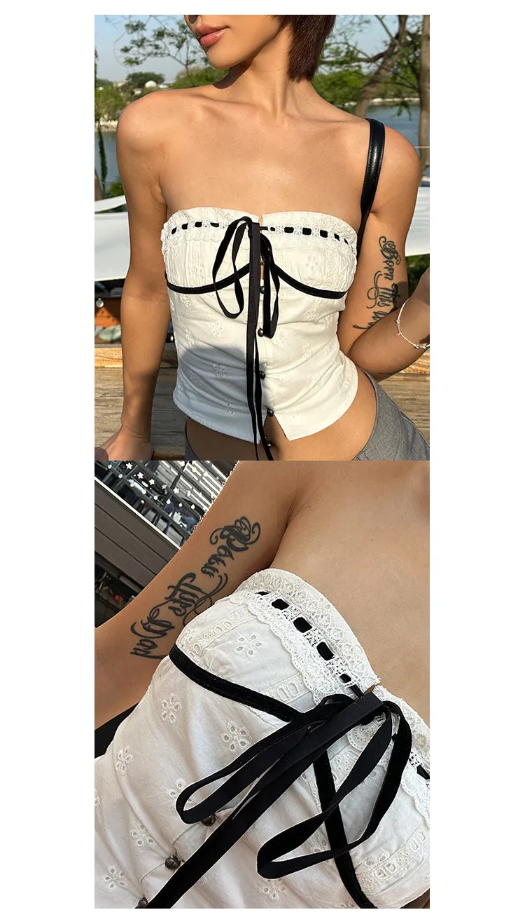 Vanessa Sweet Crochet Black Drawstring White Bandeau Top