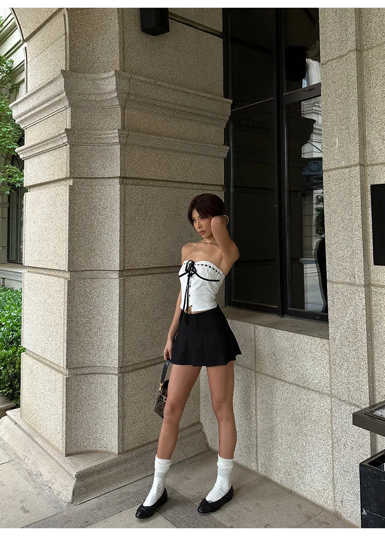 Vanessa Sweet Crochet Black Drawstring White Bandeau Top