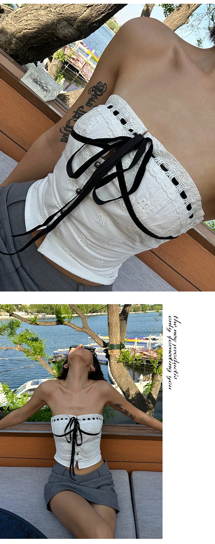 Vanessa Sweet Crochet Black Drawstring White Bandeau Top