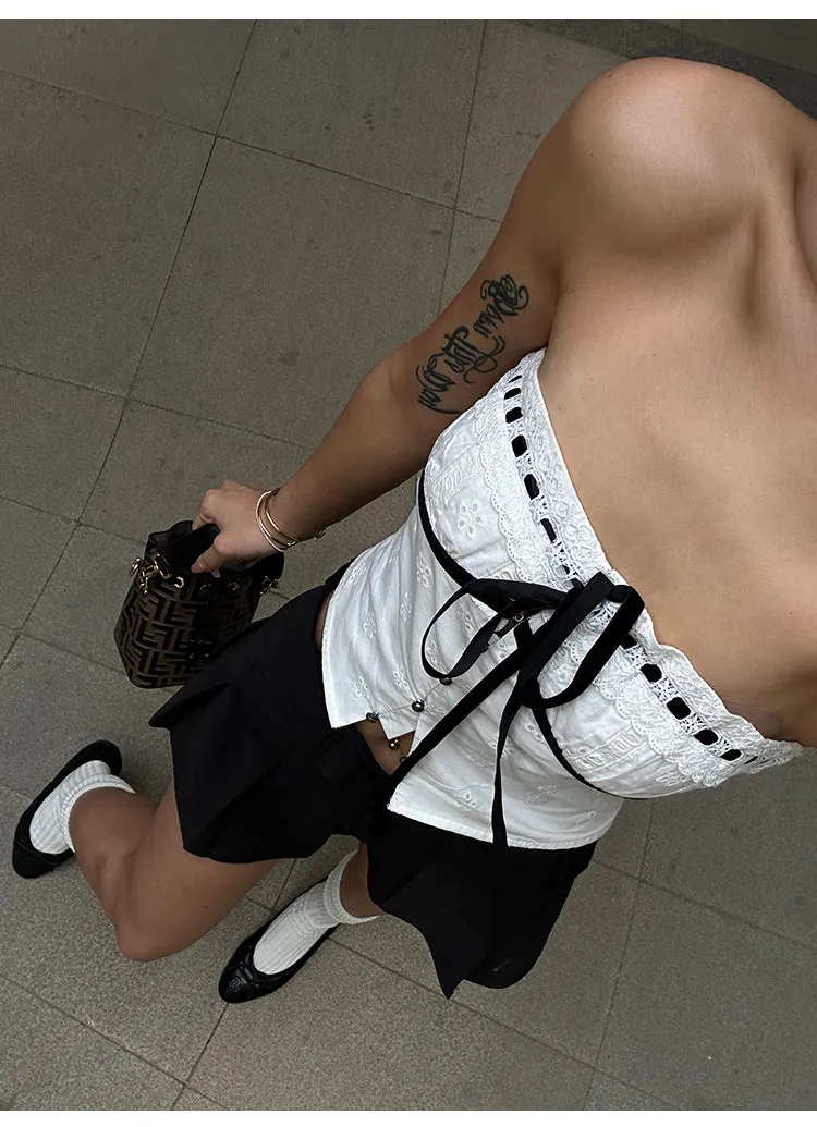 Vanessa Sweet Crochet Black Drawstring White Bandeau Top