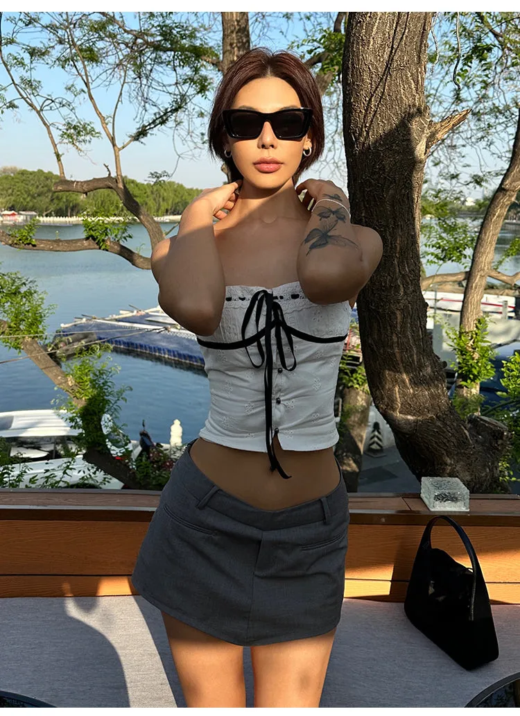 Vanessa Sweet Crochet Black Drawstring White Bandeau Top