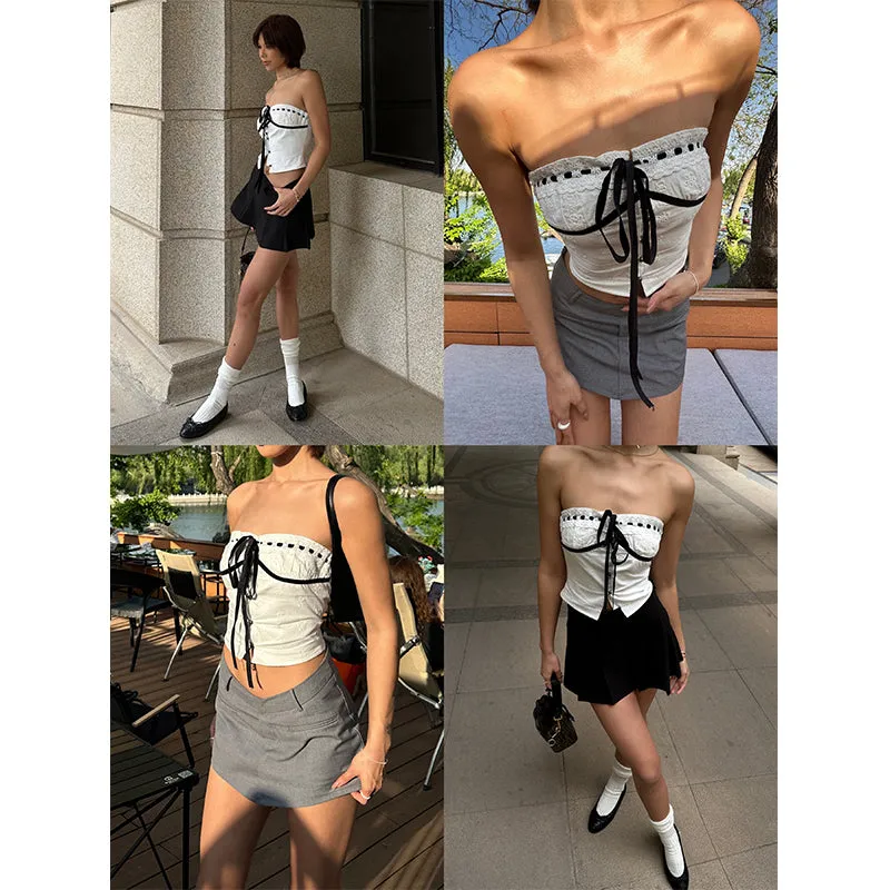 Vanessa Sweet Crochet Black Drawstring White Bandeau Top