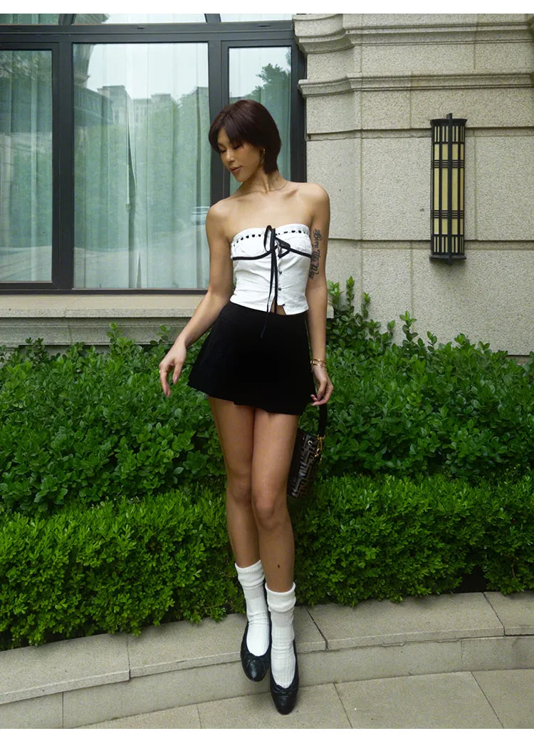Vanessa Sweet Crochet Black Drawstring White Bandeau Top