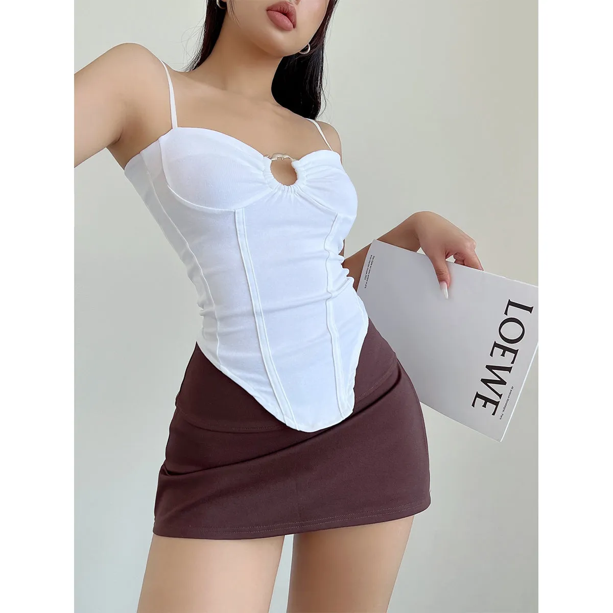 Vierra Solid Color Spaghetti Strap Silver Ring Corset Top