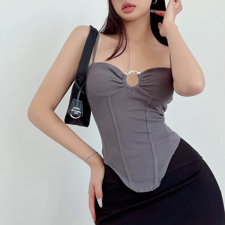 Vierra Solid Color Spaghetti Strap Silver Ring Corset Top