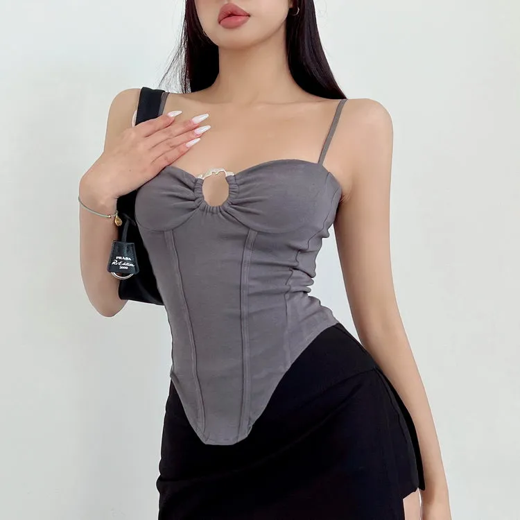 Vierra Solid Color Spaghetti Strap Silver Ring Corset Top