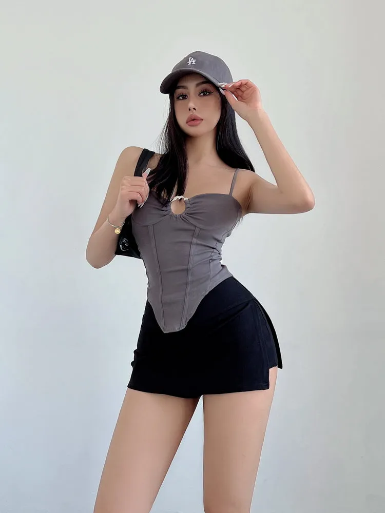 Vierra Solid Color Spaghetti Strap Silver Ring Corset Top