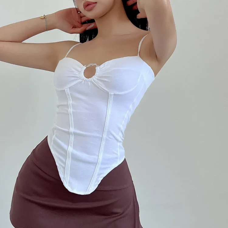 Vierra Solid Color Spaghetti Strap Silver Ring Corset Top