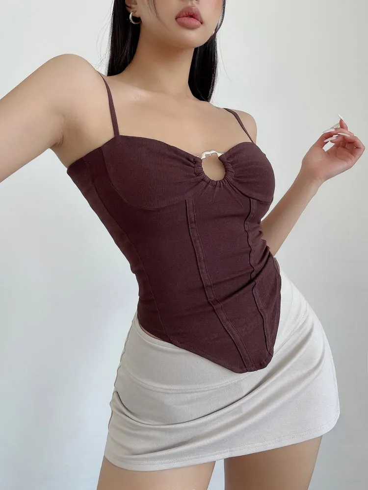 Vierra Solid Color Spaghetti Strap Silver Ring Corset Top