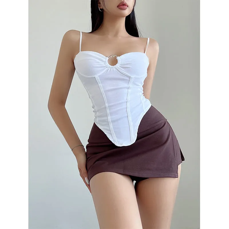 Vierra Solid Color Spaghetti Strap Silver Ring Corset Top