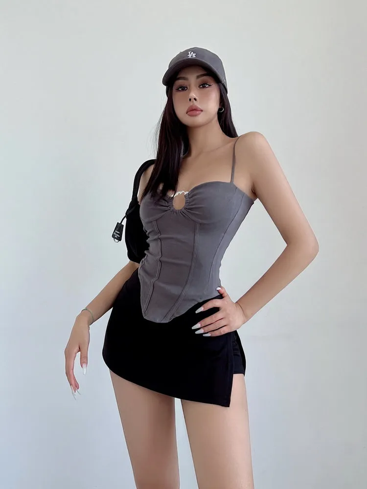 Vierra Solid Color Spaghetti Strap Silver Ring Corset Top